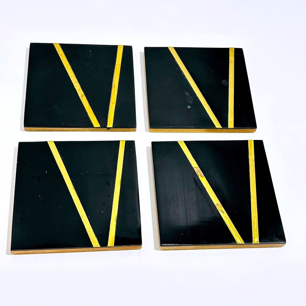 80's Black and Gold Geometric Square Coasters Set of 4 Art Deco‎ Style Wood